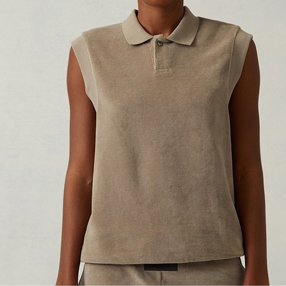 Fear of God Essentials Women's Sage Green Velour Sleeveless Polo Sweatshirt Sz M